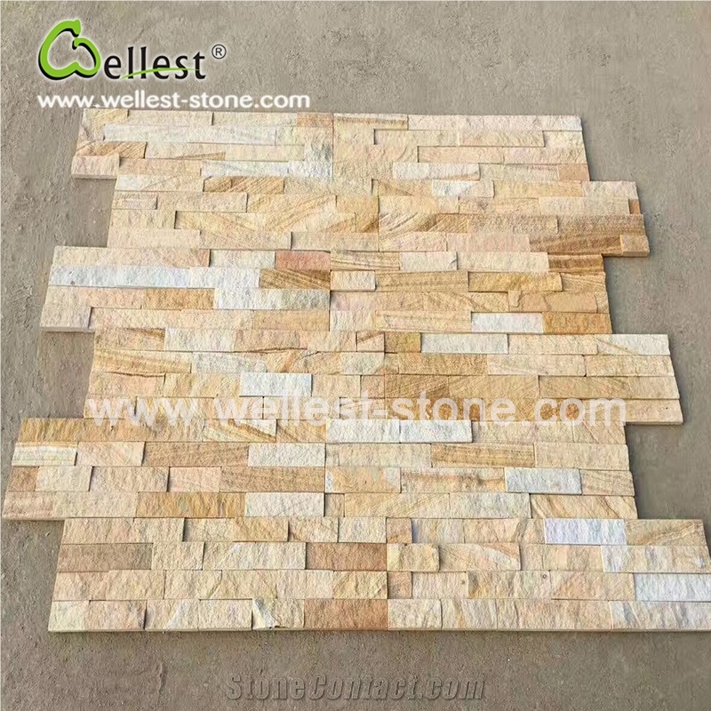 Golden Beige Sandstone Ledge Culture Stacked Stone Pannel for Feature Wall Cladding and Pool Waterfall