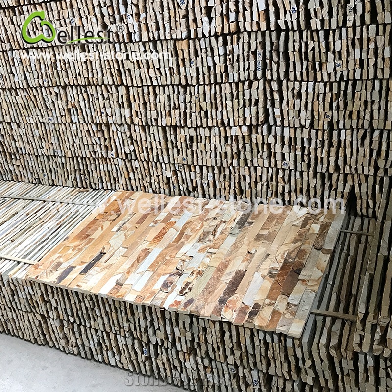 Golden Brown Sandstone Ledge Culture Stacked Stone Pannel for Feature Wall Cladding and Pool Waterfall