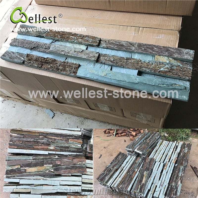 Green Brown Natural Slate Rough Finish Ledge Culture Stacked Stone Pannel for Feature Wall Cladding and Pool Waterfall
