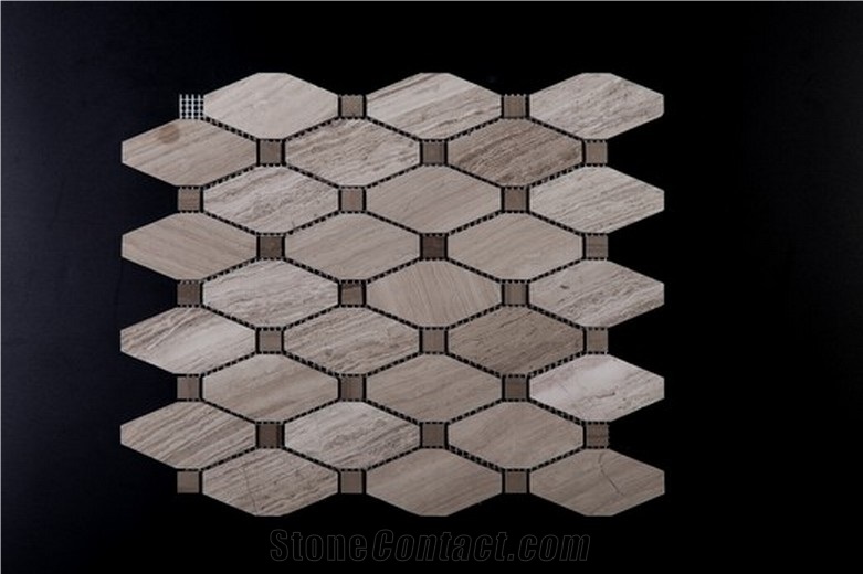 White Grey Wood Vein Marble Mosaics Hexagon Linear Strips Baskerweave