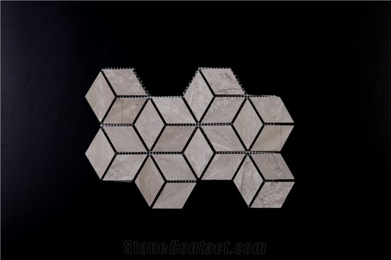 White Grey Wood Vein Marble Mosaics Hexagon Linear Strips Baskerweave