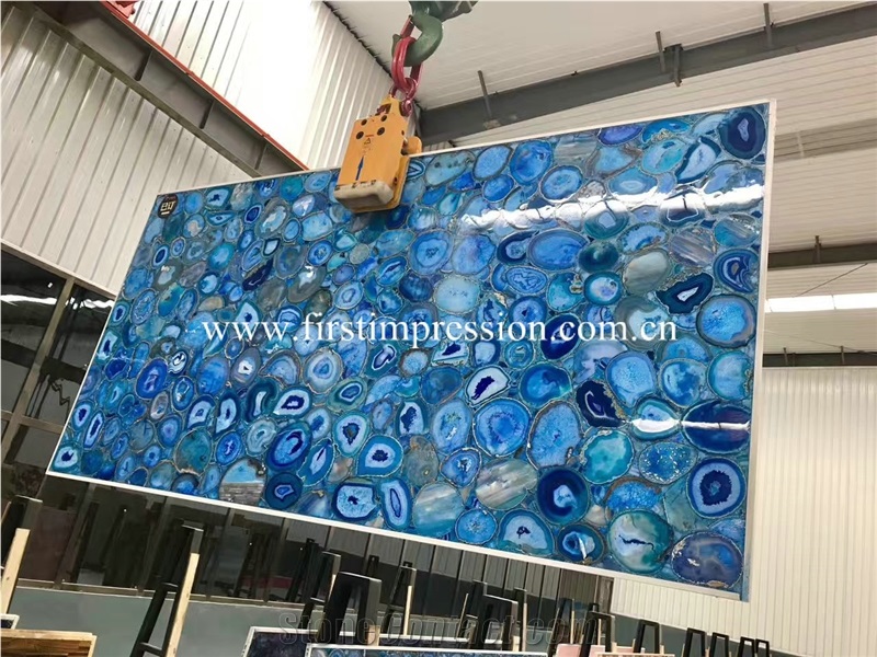 Chinese Blue Agate Gemstone Backlit Slabs/ Flooring/ Walling/ Agate Mosaic/ Semiprecious Stone/ Blue Agate Semi Precious Stone for Bar Top Decoration