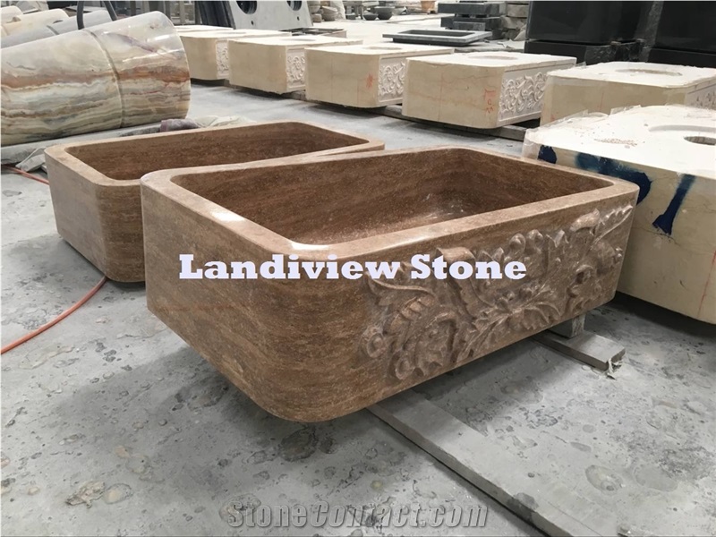 Brown Travertine Kitchen Basin, Travertine Kitchen Sink