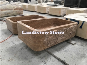 Brown Travertine Kitchen Basin, Travertine Kitchen Sink