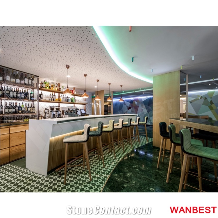 Cheap Custom White Acrylic Top Solid Surface Restaurant Buffet Fast Food Dining Table Coffee Shop Nightclub Pub Bar Counter Reception Cashier Desk