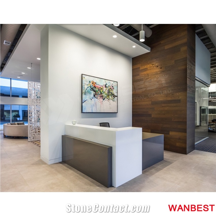 China Factory Customized Artificial Stone Marble L Shape Office Nail Salon Spa Reception Desk Hotel Hospital Clinic Front Table Information Counter