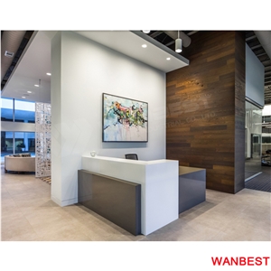 China Factory Customized Artificial Stone Marble L Shape Office Nail Salon Spa Reception Desk Hotel Hospital Clinic Front Table Information Counter