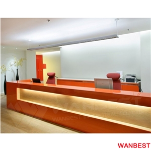 China Factory Illuminated Led Acrylic Solid Surface Company Beauty Salon Hotel Bank Spa Hospital 2 Person Reception Service Counter Desk Design