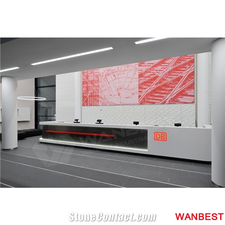 China Factory Illuminated Led Acrylic Solid Surface Company Beauty Salon Hotel Bank Spa Hospital 2 Person Reception Service Counter Desk Design
