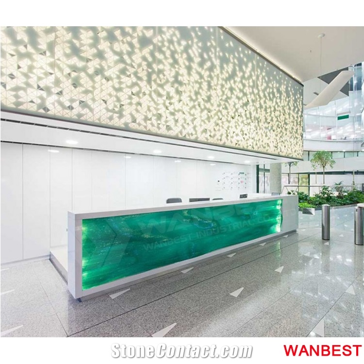 China Factory Illuminated Led Acrylic Solid Surface Company Beauty Salon Hotel Bank Spa Hospital 2 Person Reception Service Counter Desk Design