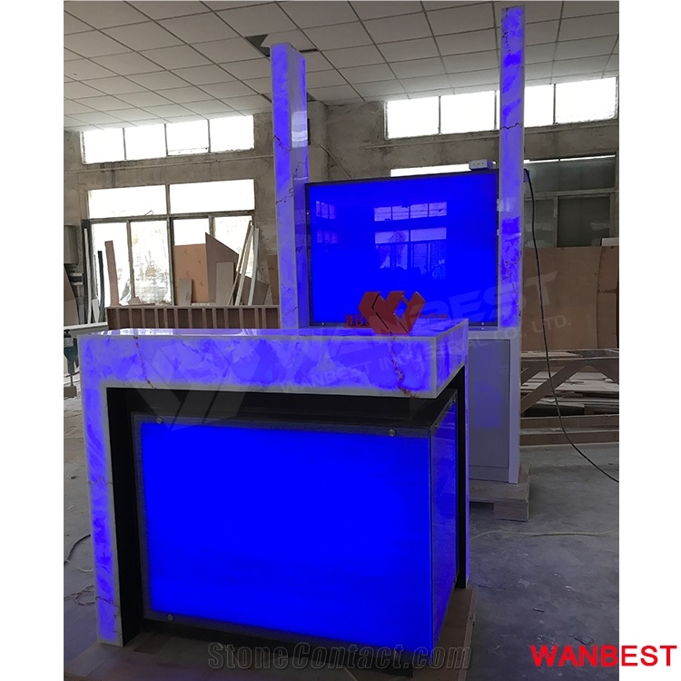 Commercial Acrylic Marble Top Led Lighted Portable Restaurant Night Club Pub Coffee Shop Wine Bar Reception Counter Cashier Desk with Wine Rack