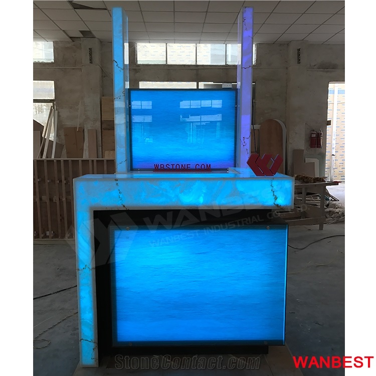 Commercial Acrylic Marble Top Led Lighted Portable Restaurant Night Club Pub Coffee Shop Wine Bar Reception Counter Cashier Desk with Wine Rack