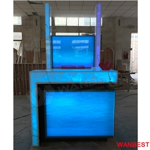 Commercial Acrylic Marble Top Led Lighted Portable Restaurant Night Club Pub Coffee Shop Wine Bar Reception Counter Cashier Desk with Wine Rack