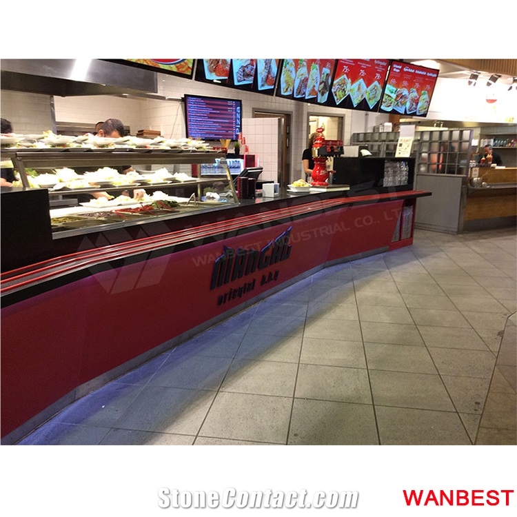 Custom Logo Acrylic Solid Surface Restaurant Salad Fast Food Juice Coffee Shop Pub Nightclub Bar Service Counter Cashier Desk for Sale