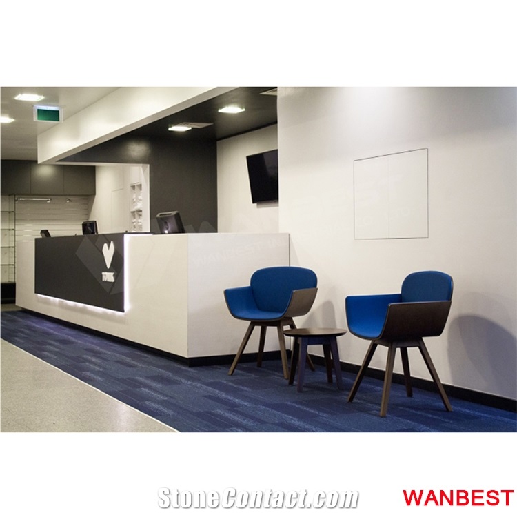 Custom Made Artificial Marble Solid Surface Curved Bank Hotel Gym Salon Spa Hall Clinic Hotel Restaurant Reception Desk Cashier Counter Design