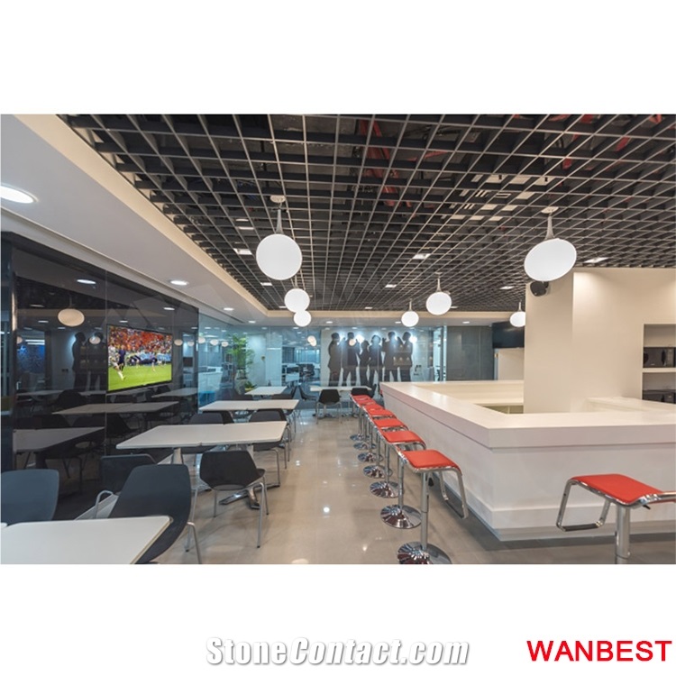 Custom Made White Artificial Stone Solid Surface Restaurant Juice Nightclub Beer Wine Bar Drinking Table Fast Food Dining Counter with Chairs