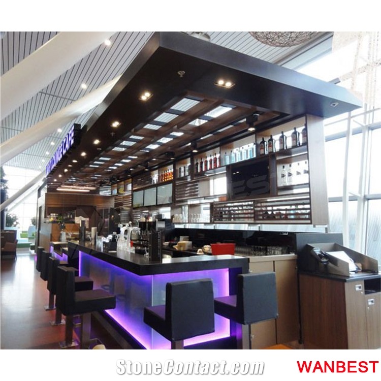 Customized Artificial Stone Acrylic Top Black Led Lighting Coffee Juice Nightclub Pub Wine Bar Drinking Table Reception Counter with Stools