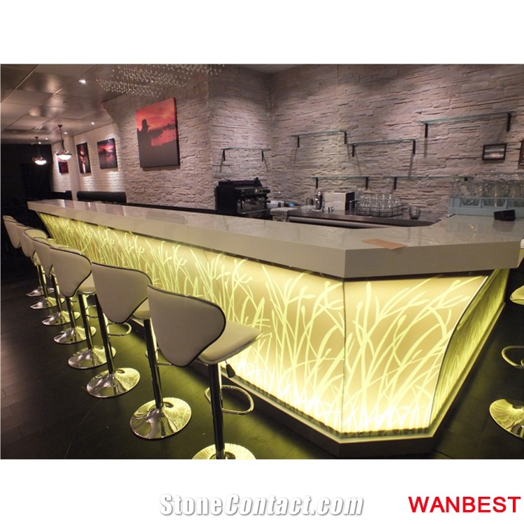 Customized Modern Flower Carved Marble Top Artificial Stone Illuminated Led Bar Furniture Pub Nightclub Coffee Shop Restaurant Counter Reception Desk