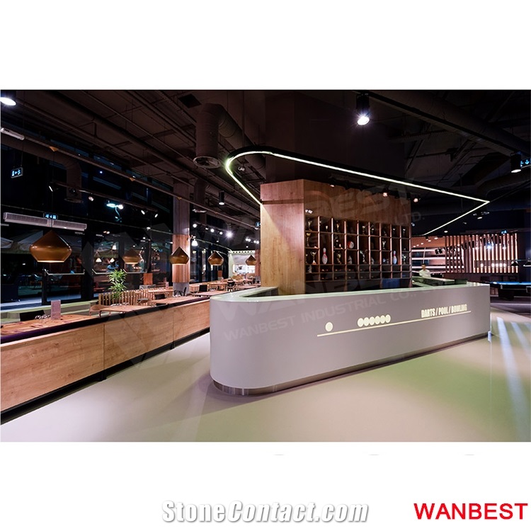 Hot Sale Acrylic Solid Surface Lighted Led Curved Hotel Restaurant Buffet Coffee Pub Bar Furniture Reception Counter Cashier Desk with Wine Rack