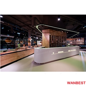 Hot Sale Acrylic Solid Surface Lighted Led Curved Hotel Restaurant Buffet Coffee Pub Bar Furniture Reception Counter Cashier Desk with Wine Rack