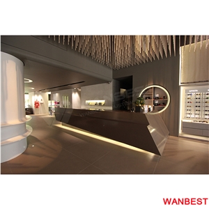 Hot Sale Acrylic Solid Surface Lighted Led Curved Hotel Restaurant Buffet Coffee Pub Bar Furniture Reception Counter Cashier Desk with Wine Rack