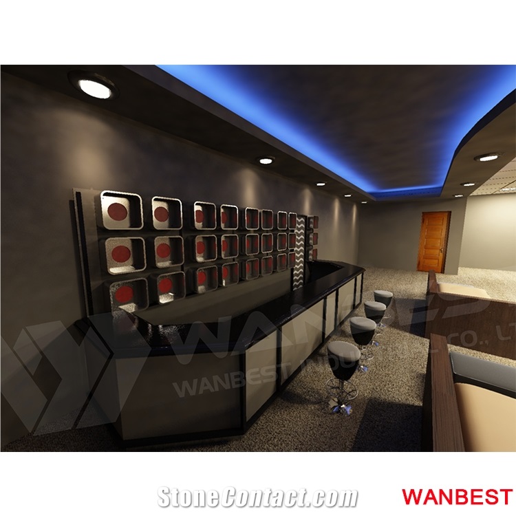 Hot Sale Acrylic Solid Surface Lighted Led Curved Hotel Restaurant Buffet Coffee Pub Bar Furniture Reception Counter Cashier Desk with Wine Rack