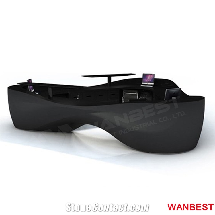 Luxury Black Artificial Marble Solid Surface Curved Office Hotel Information Desk Beauty Salon Spa Hospital Lobby Restaurant Reception Cashier Counter