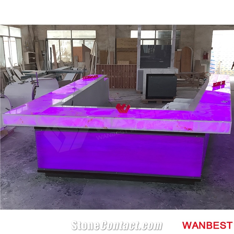 Luxury Custom Artificial Stone Marble Top U Shape Led Lighted Nightclub Pub Restaurant Cafe Juice Wine Bar Drinking Counter Reception Desk Design