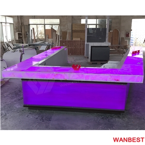 Luxury Custom Artificial Stone Marble Top U Shape Led Lighted Nightclub Pub Restaurant Cafe Juice Wine Bar Drinking Counter Reception Desk Design
