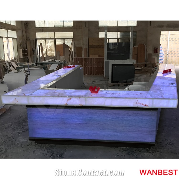 Luxury Custom Artificial Stone Marble Top U Shape Led Lighted Nightclub Pub Restaurant Cafe Juice Wine Bar Drinking Counter Reception Desk Design