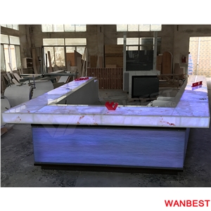 Luxury Custom Artificial Stone Marble Top U Shape Led Lighted Nightclub Pub Restaurant Cafe Juice Wine Bar Drinking Counter Reception Desk Design