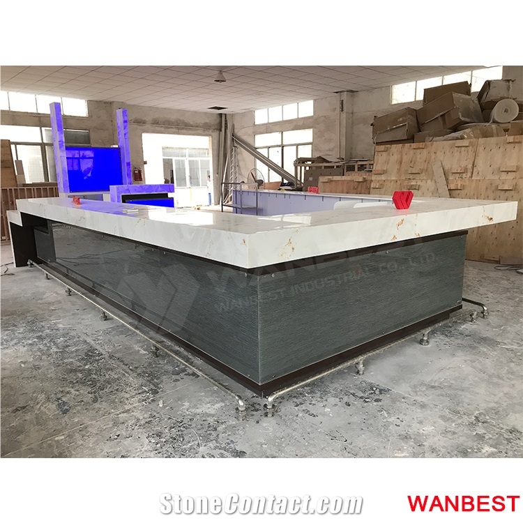 Luxury Custom Artificial Stone Marble Top U Shape Led Lighted Nightclub Pub Restaurant Cafe Juice Wine Bar Drinking Counter Reception Desk Design