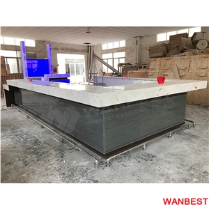 Luxury Custom Artificial Stone Marble Top U Shape Led Lighted Nightclub Pub Restaurant Cafe Juice Wine Bar Drinking Counter Reception Desk Design