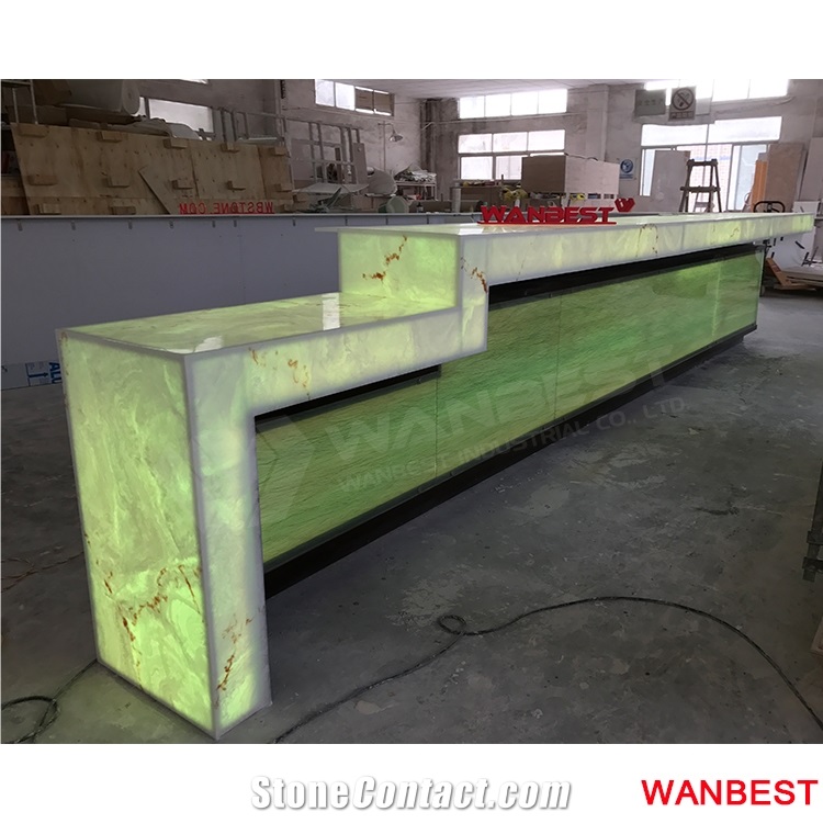 Luxury Custom Artificial Stone Marble Top U Shape Led Lighted Nightclub Pub Restaurant Cafe Juice Wine Bar Drinking Counter Reception Desk Design