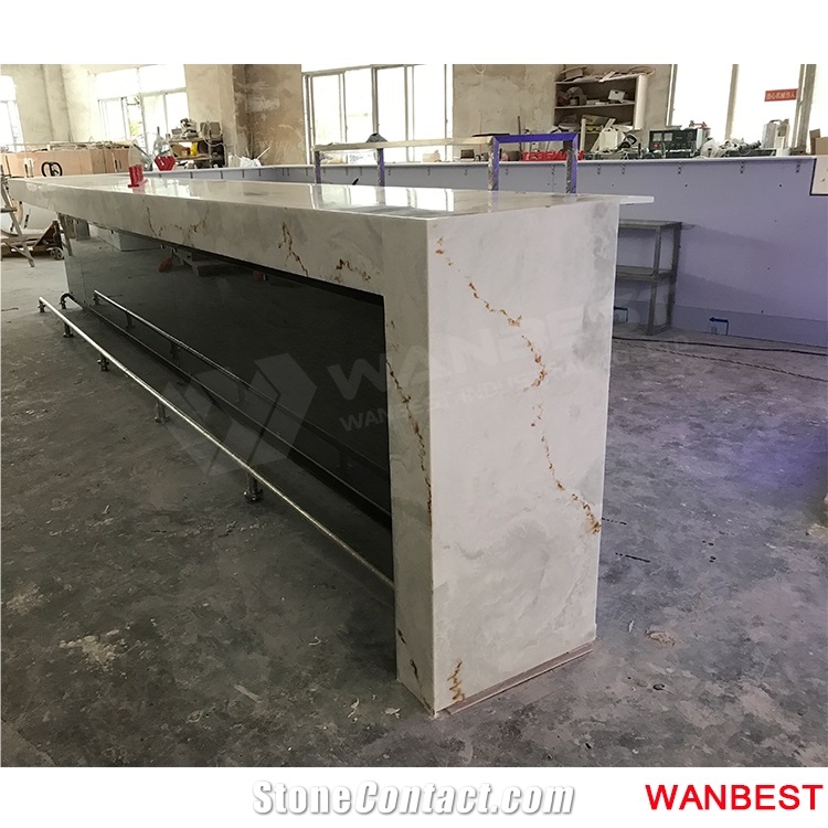 Luxury Custom Artificial Stone Marble Top U Shape Led Lighted Nightclub Pub Restaurant Cafe Juice Wine Bar Drinking Counter Reception Desk Design