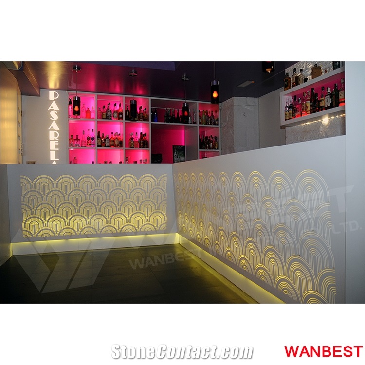 Modern Design Artificial Stone Acrylic Flower Carving White Led Lighted Pub Cafe Nightclub Juice Restaurant Bar Tops Drinking Counter Reception Desk