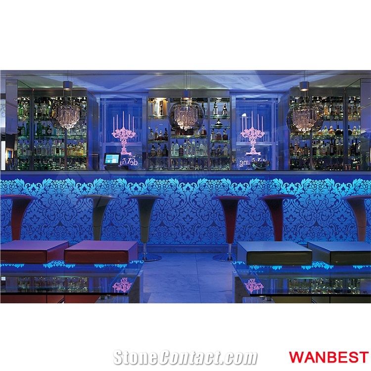 Modern Design Artificial Stone Acrylic Flower Carving White Led Lighted Pub Cafe Nightclub Juice Restaurant Bar Tops Drinking Counter Reception Desk
