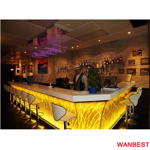 Modern Design Artificial Stone Acrylic Flower Carving White Led Lighted Pub Cafe Nightclub Juice Restaurant Bar Tops Drinking Counter Reception Desk