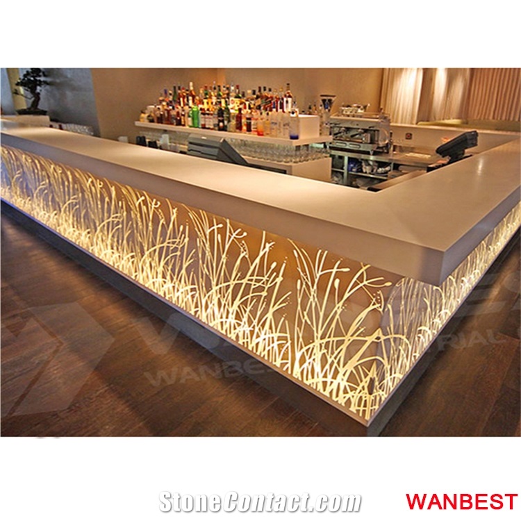 Modern Design Artificial Stone Acrylic Flower Carving White Led Lighted Pub Cafe Nightclub Juice Restaurant Bar Tops Drinking Counter Reception Desk