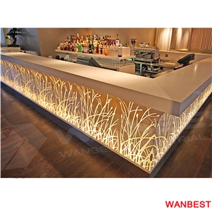 Modern Design Artificial Stone Acrylic Flower Carving White Led Lighted Pub Cafe Nightclub Juice Restaurant Bar Tops Drinking Counter Reception Desk