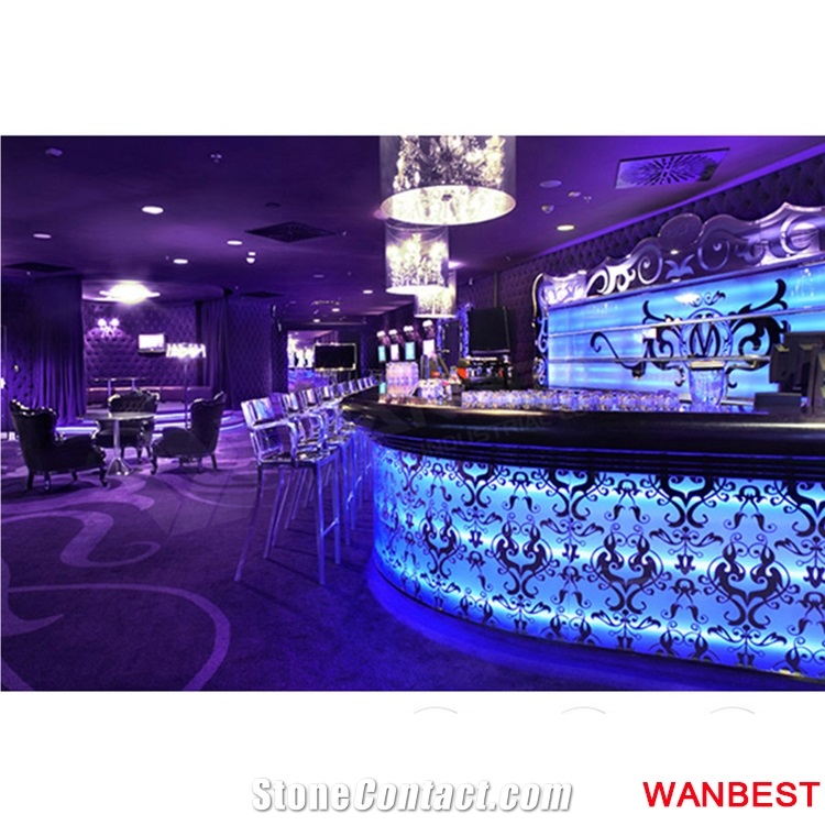 Modern Design Artificial Stone Acrylic Flower Carving White Led Lighted Pub Cafe Nightclub Juice Restaurant Bar Tops Drinking Counter Reception Desk