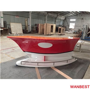 New Design Artificial Stone Solid Surface Boat Shape Curved Home Mobile Small Nightclub Pub Wine Bar Counter Reception Desk Made in China