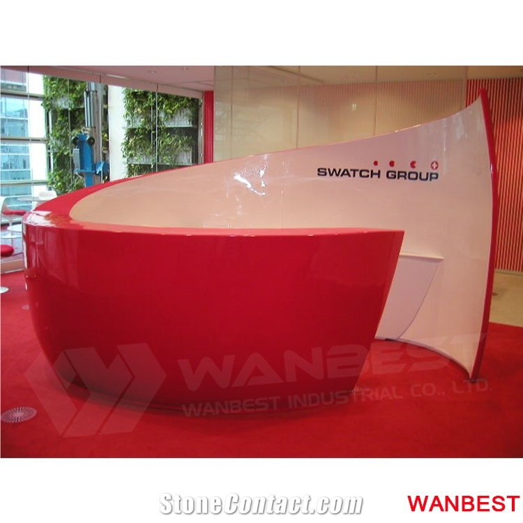 Unique Design Red Acrylic Solid Surface Circle Round Beauty Salon Office Furniture Standing Reception Desk Mall Lobby Spa Front Table with Back Wall