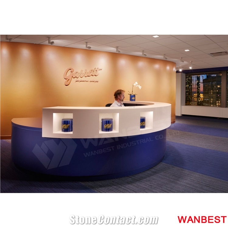 Unique Design Red Acrylic Solid Surface Circle Round Beauty Salon Office Furniture Standing Reception Desk Mall Lobby Spa Front Table with Back Wall