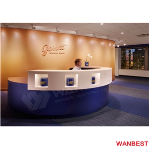 Unique Design Red Acrylic Solid Surface Circle Round Beauty Salon Office Furniture Standing Reception Desk Mall Lobby Spa Front Table with Back Wall