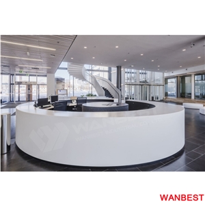 Unique Design Red Acrylic Solid Surface Circle Round Beauty Salon Office Furniture Standing Reception Desk Mall Lobby Spa Front Table with Back Wall