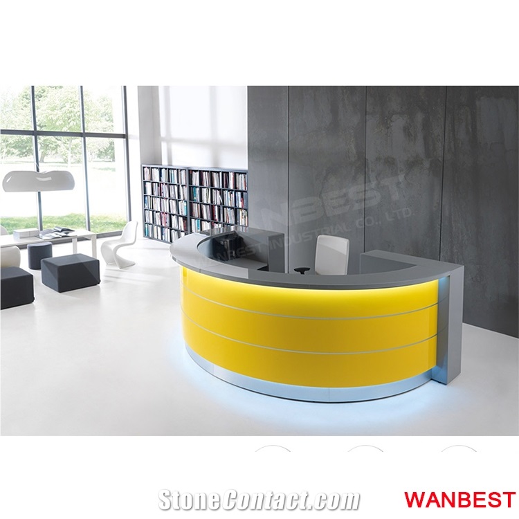 Unique Design Red Acrylic Solid Surface Circle Round Beauty Salon Office Furniture Standing Reception Desk Mall Lobby Spa Front Table with Back Wall