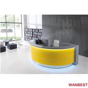 Unique Design Red Acrylic Solid Surface Circle Round Beauty Salon Office Furniture Standing Reception Desk Mall Lobby Spa Front Table with Back Wall
