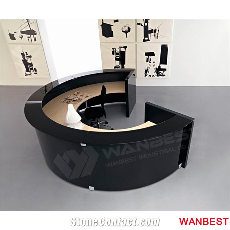 Unique Design Red Acrylic Solid Surface Circle Round Beauty Salon Office Furniture Standing Reception Desk Mall Lobby Spa Front Table with Back Wall