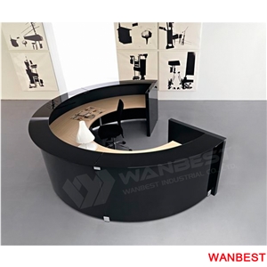 Unique Design Red Acrylic Solid Surface Circle Round Beauty Salon Office Furniture Standing Reception Desk Mall Lobby Spa Front Table with Back Wall